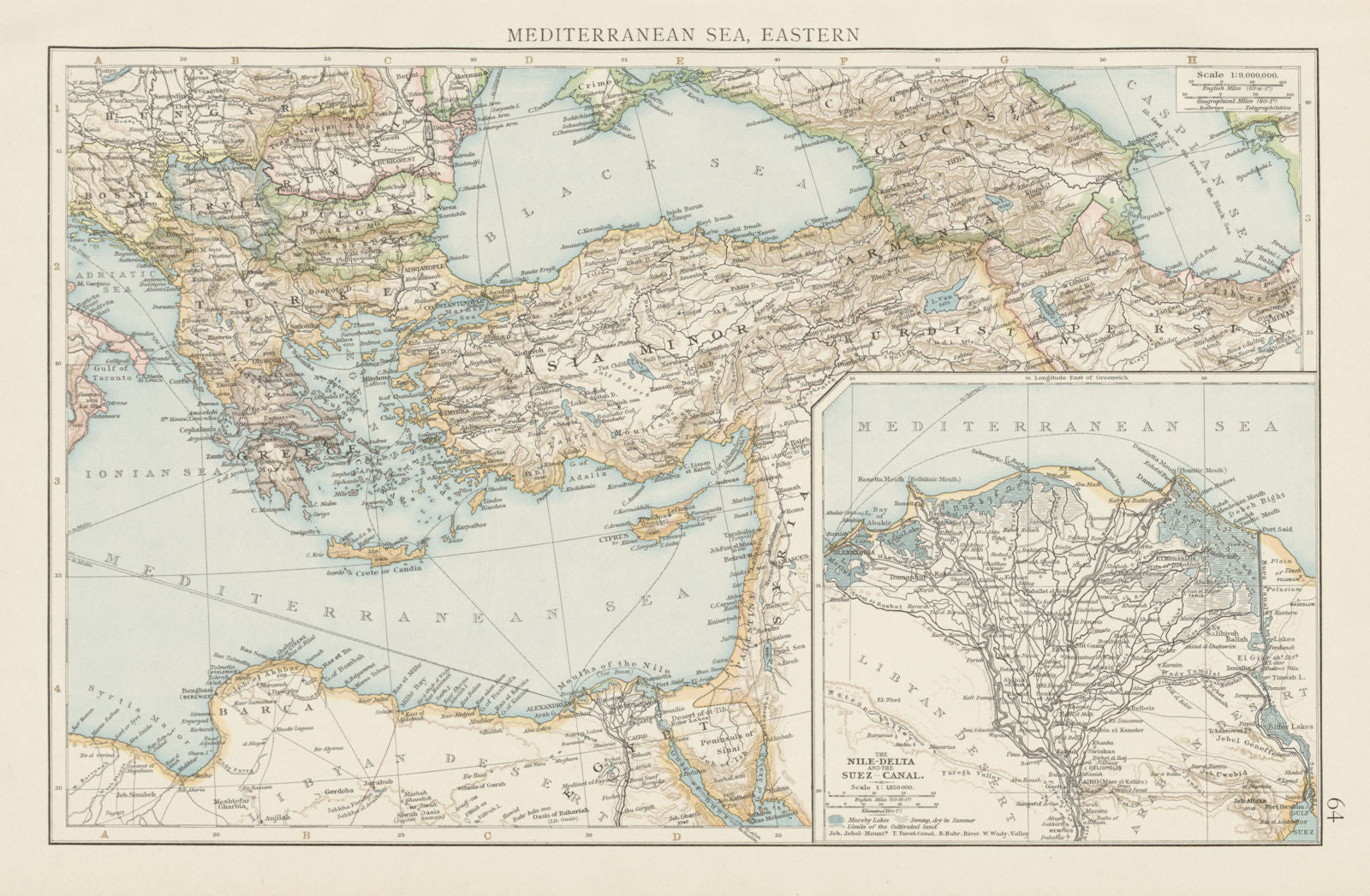 Eastern Mediterranean sea. Nile delta. Suez canal. THE TIMES 1900 old map